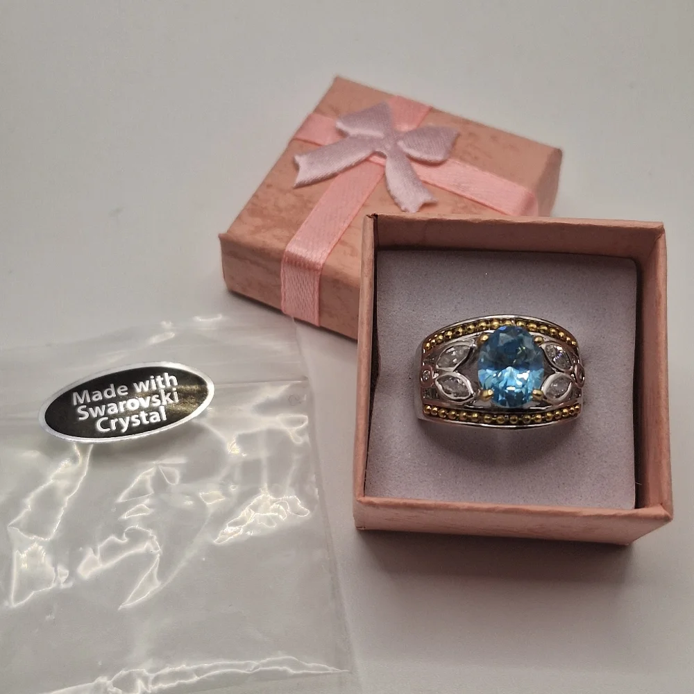 Blue Swarovski Crystal Oval Ring | Two-Tone Silver & Gold | Size 7